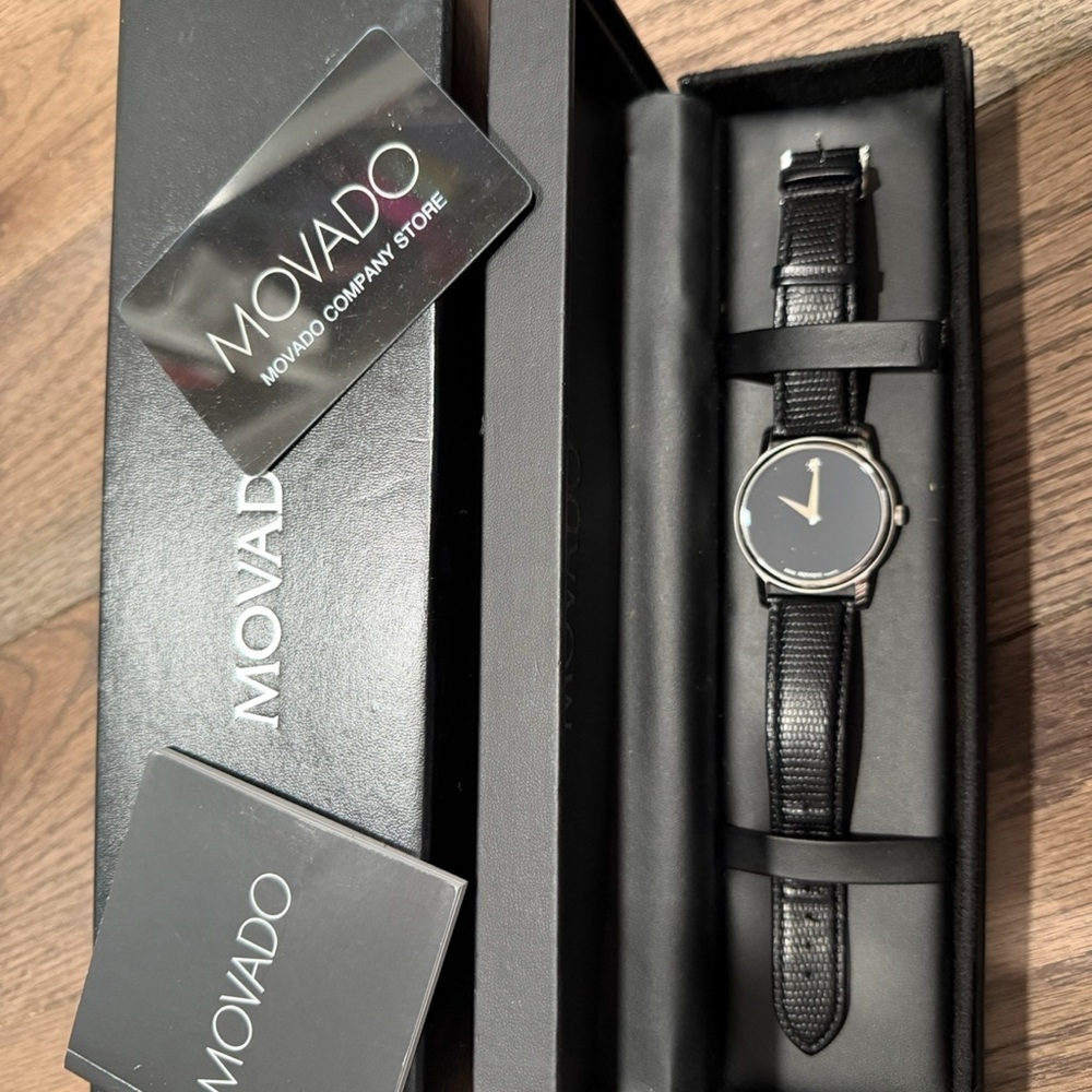 Movado Museum Classic Black and Silver Watch FULL SET. Rare! Sold out